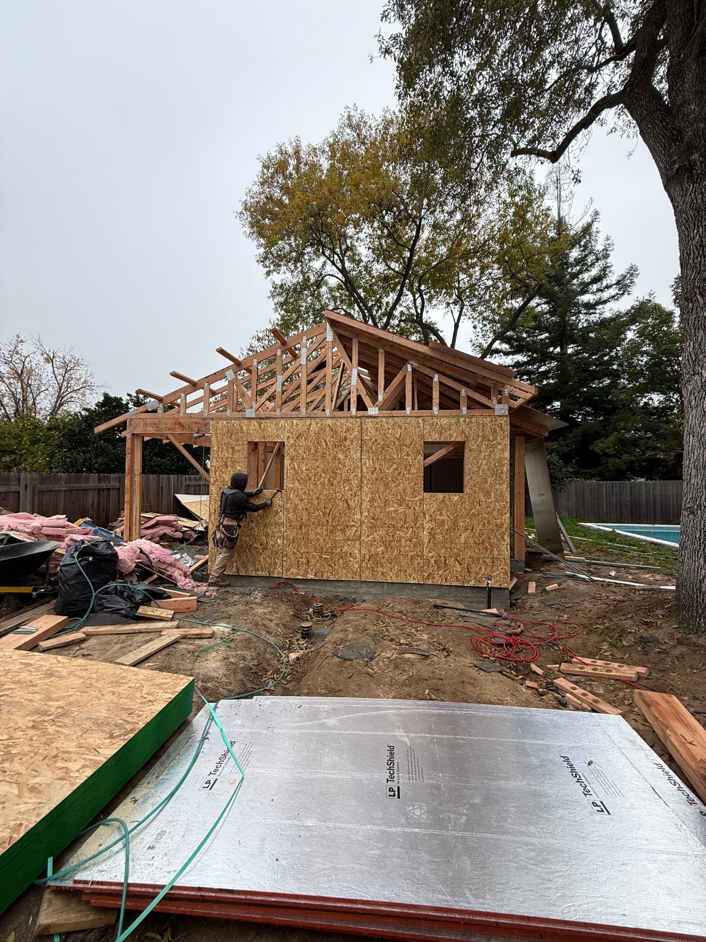 Roseville detached ADU — framing and OSB sheathing in progress — gallery thumbnail 15